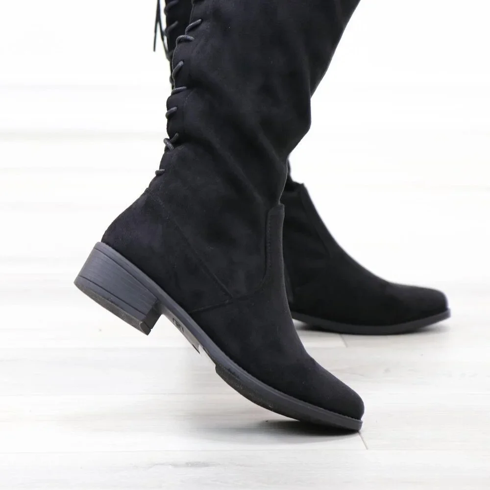 Black Over-the-Knee Boots Size 6 Lace-Up Back Flat Sole Tall Shaft Faux Suede